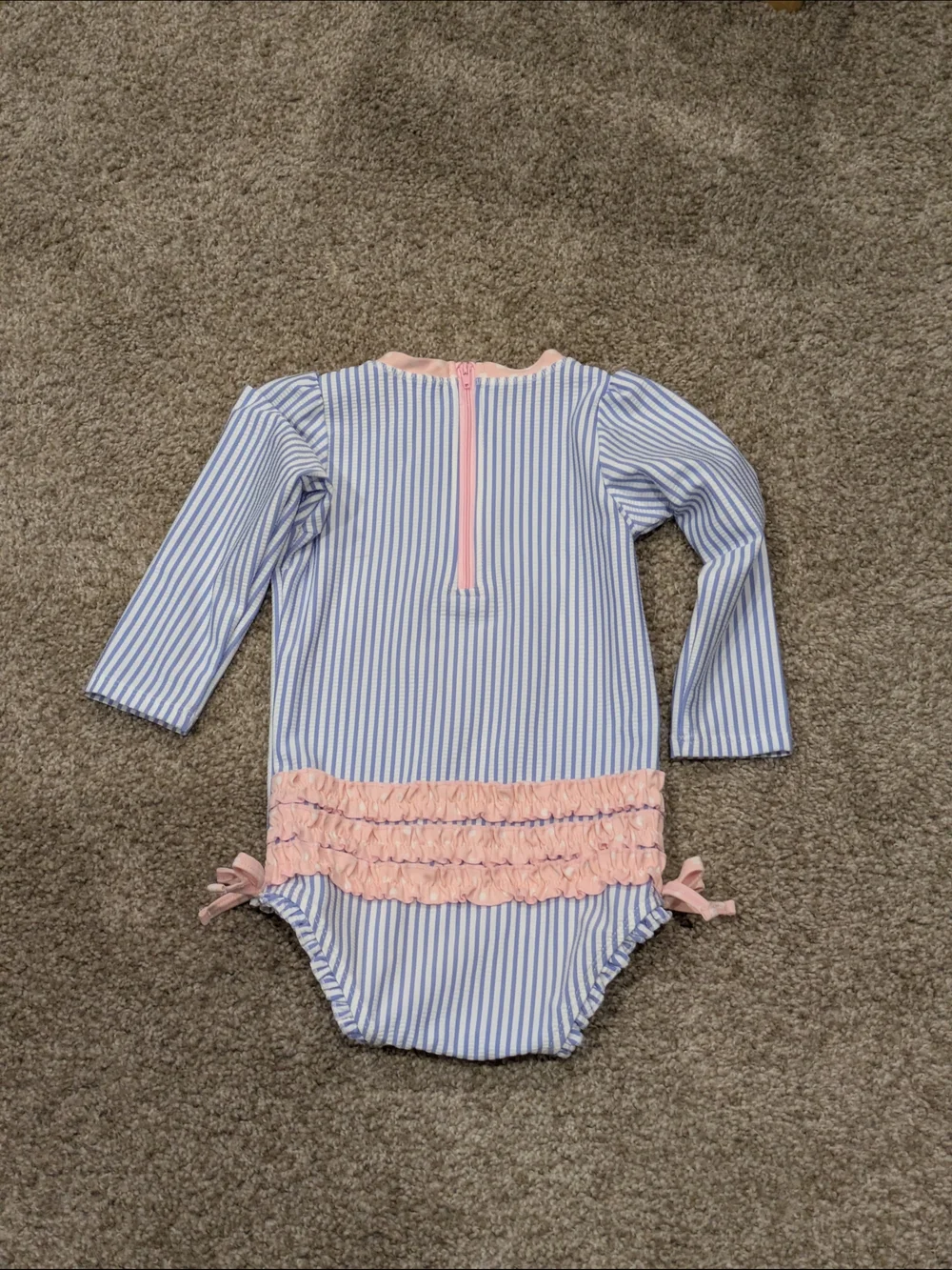 Ruffle Butts Long Sleeve & C&J Teal Mermaid Scale Ruffle One-Piece Swimsuits